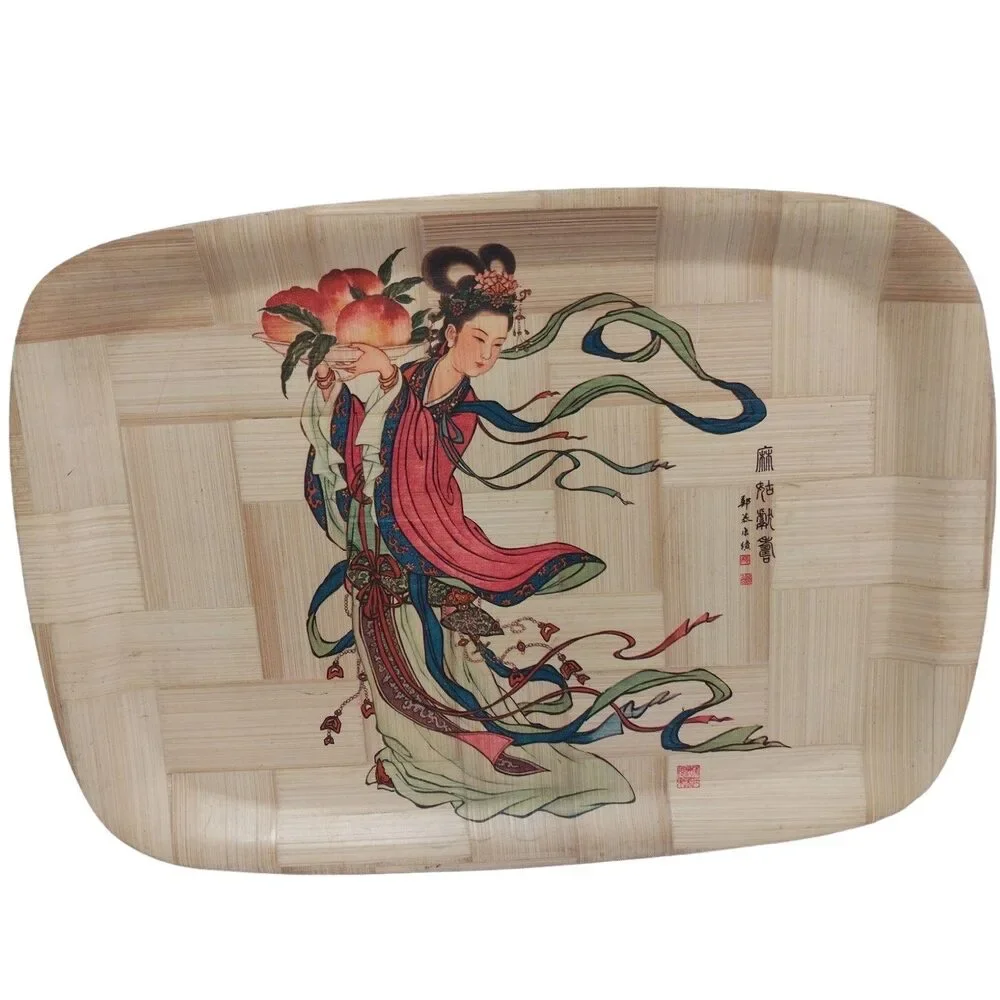 Vintage Heat/Leak-Proof Dancing Geisha Girl w Peaches Bamboo Plate Japan Tray